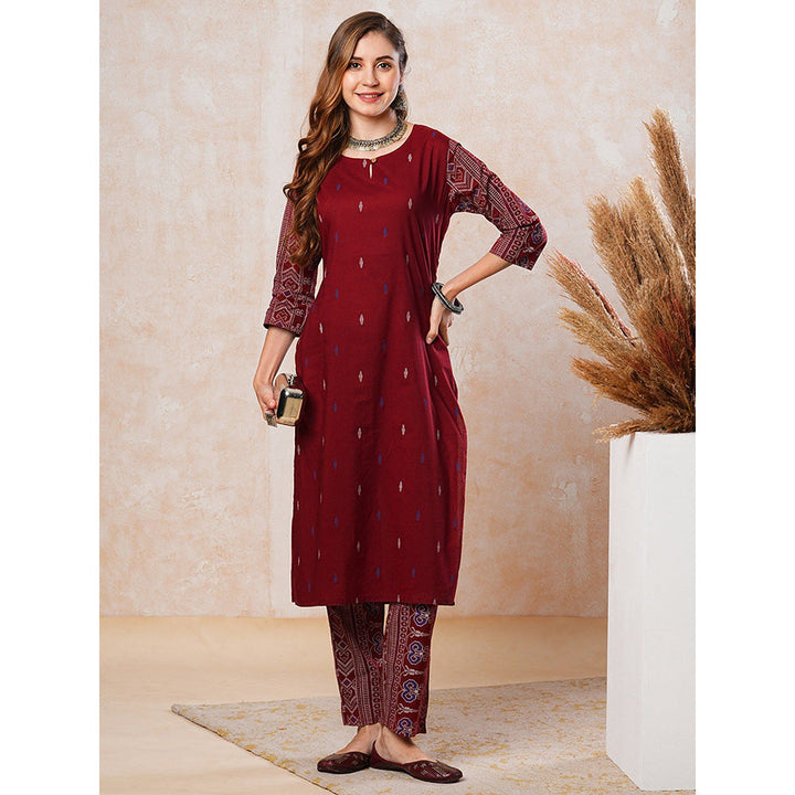 FASHOR Ethnic Printed Straight Fit Kurta with Pant - Maroon (Set of 2)