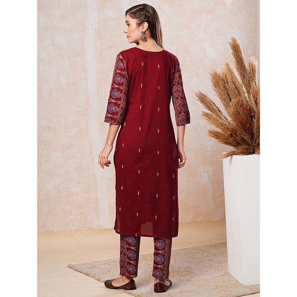 FASHOR Ethnic Printed Straight Fit Kurta with Pant - Maroon (Set of 2)