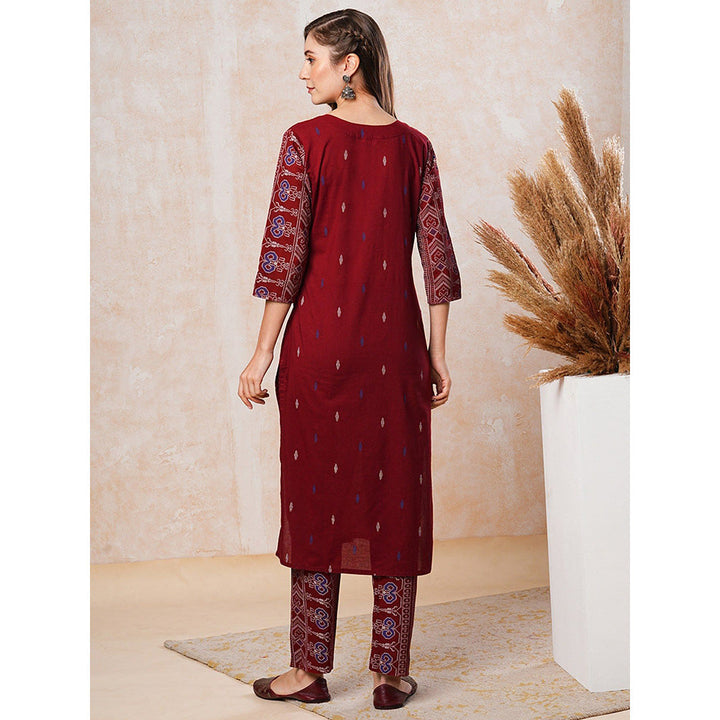 FASHOR Ethnic Printed Straight Fit Kurta with Pant - Maroon (Set of 2)