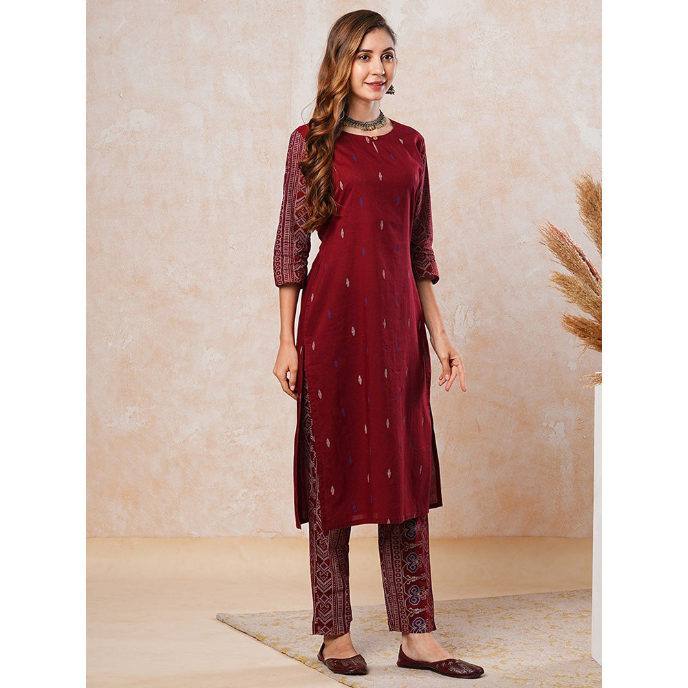 FASHOR Ethnic Printed Straight Fit Kurta with Pant - Maroon (Set of 2)