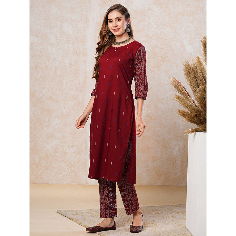 FASHOR Ethnic Printed Straight Fit Kurta with Pant - Maroon (Set of 2)