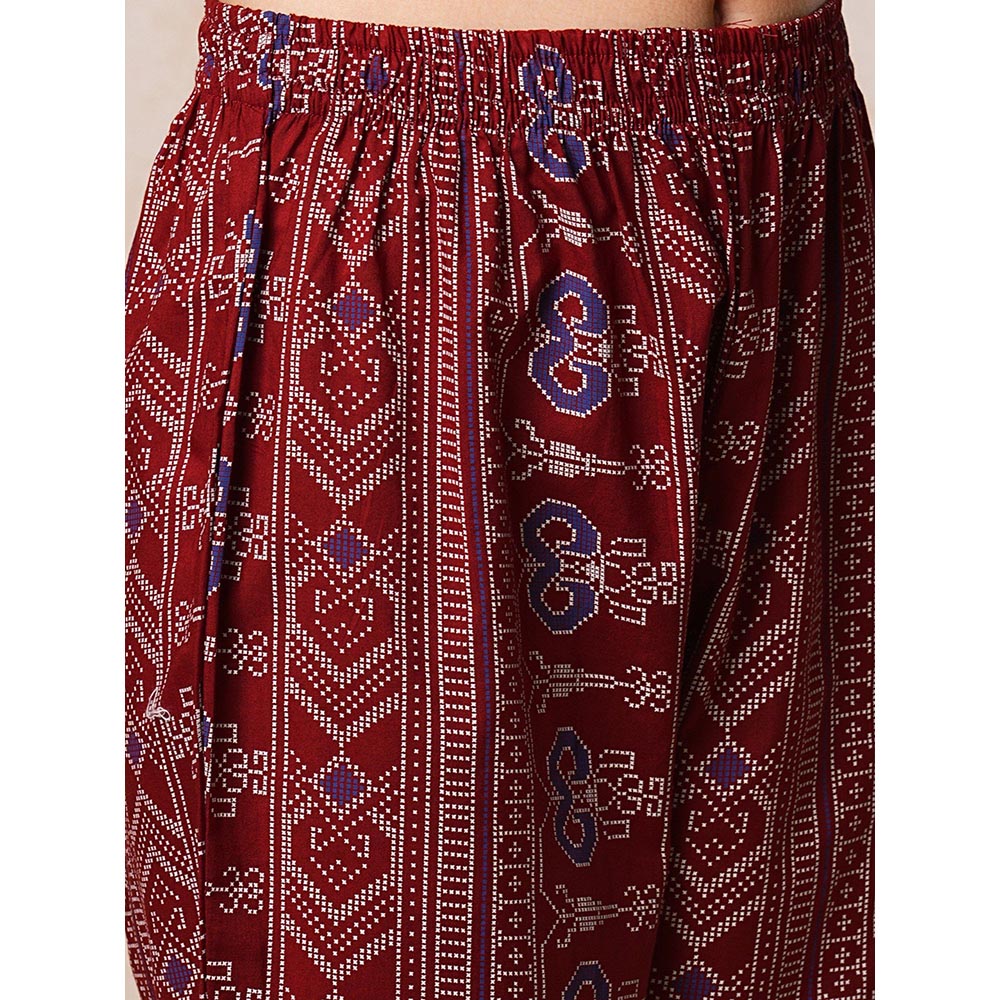 FASHOR Ethnic Printed Straight Fit Kurta with Pant - Maroon (Set of 2)