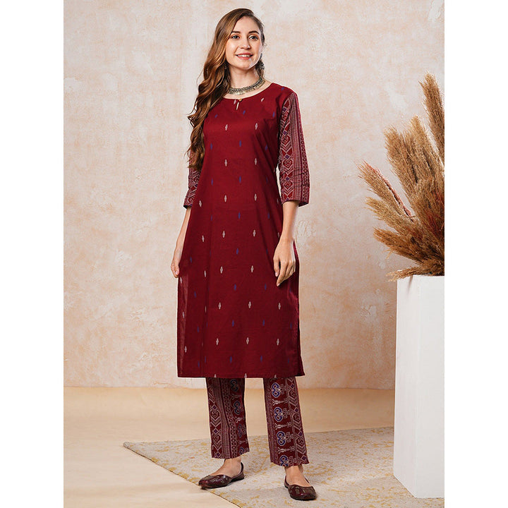 FASHOR Ethnic Printed Straight Fit Kurta with Pant - Maroon (Set of 2)