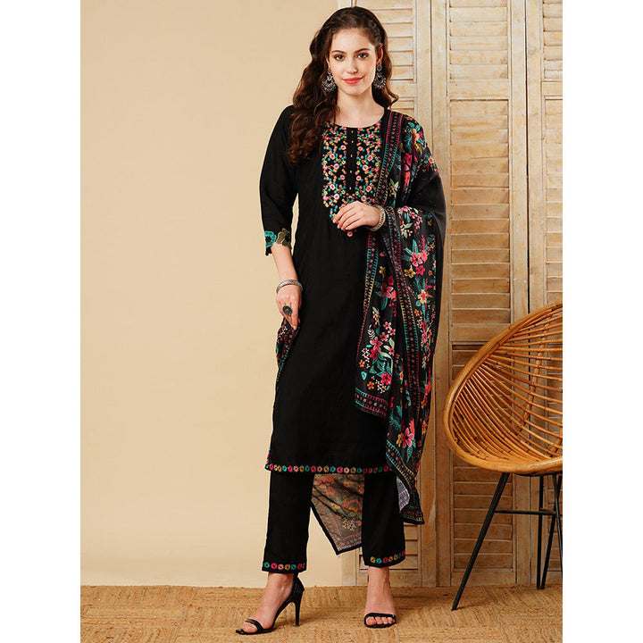 FASHOR Embroidered Kurta With Pant & Dupatta - Black (Set of 3)