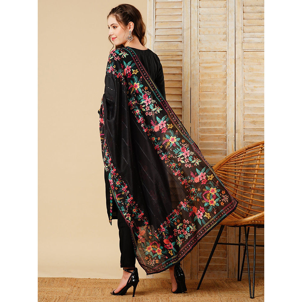 FASHOR Embroidered Kurta With Pant & Dupatta - Black (Set of 3)