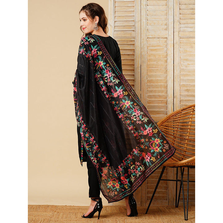 FASHOR Embroidered Kurta With Pant & Dupatta - Black (Set of 3)