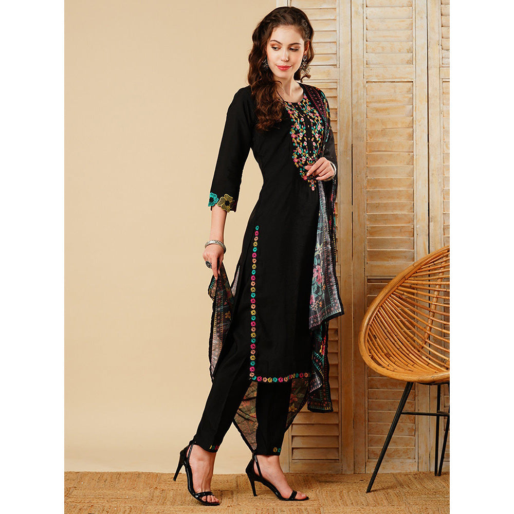 FASHOR Embroidered Kurta With Pant & Dupatta - Black (Set of 3)