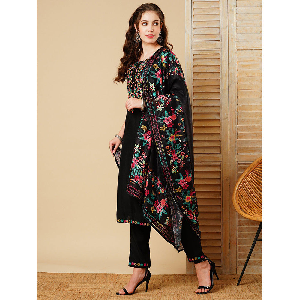 FASHOR Embroidered Kurta With Pant & Dupatta - Black (Set of 3)