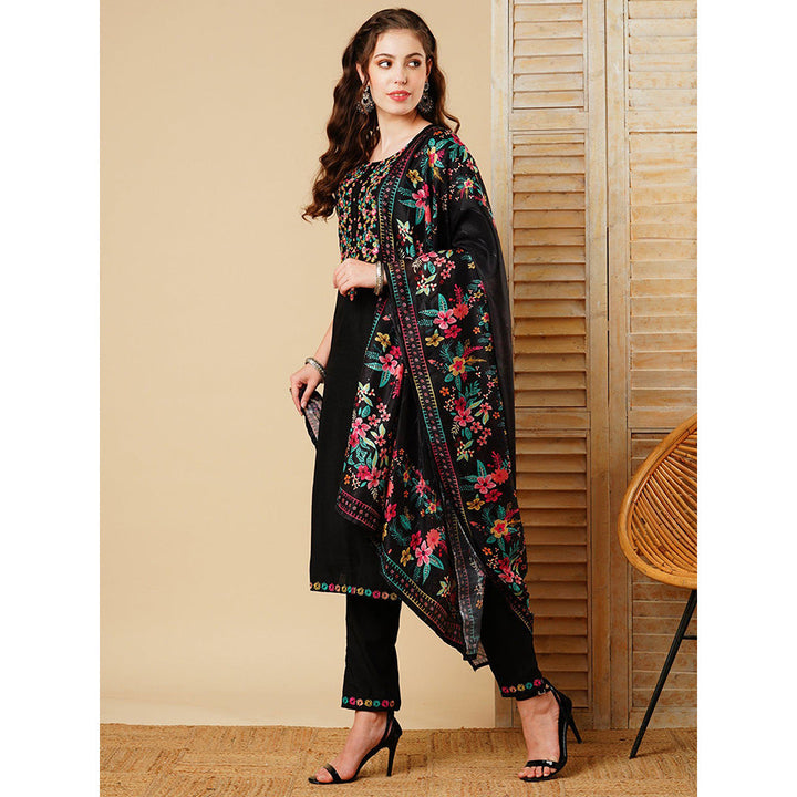 FASHOR Embroidered Kurta With Pant & Dupatta - Black (Set of 3)