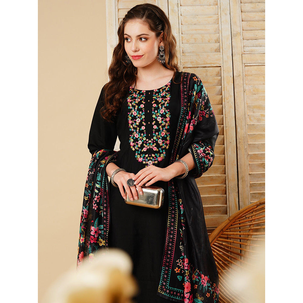 FASHOR Embroidered Kurta With Pant & Dupatta - Black (Set of 3)