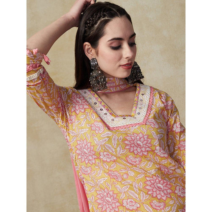 FASHOR Printed Embroidered Kurta With Pant & Dupatta - Yellow (Set of 3)