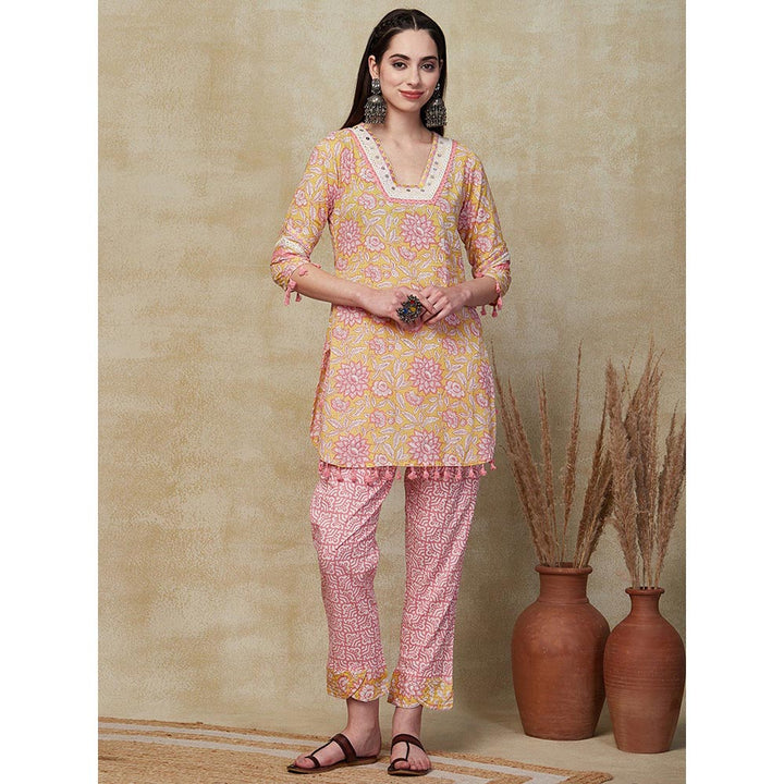 FASHOR Printed Embroidered Kurta With Pant & Dupatta - Yellow (Set of 3)