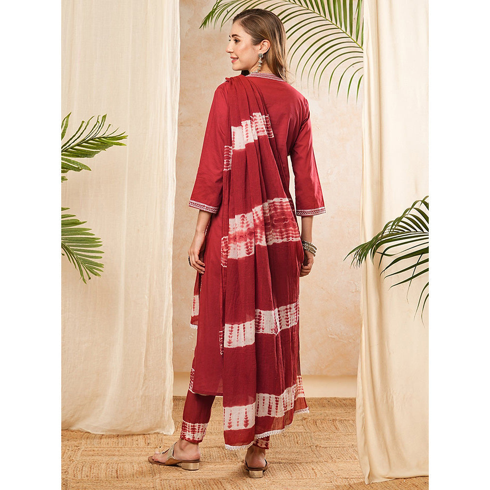 FASHOR Ethnic Embroidered Kurta With Pant & Dupatta - Maroon (Set of 3)