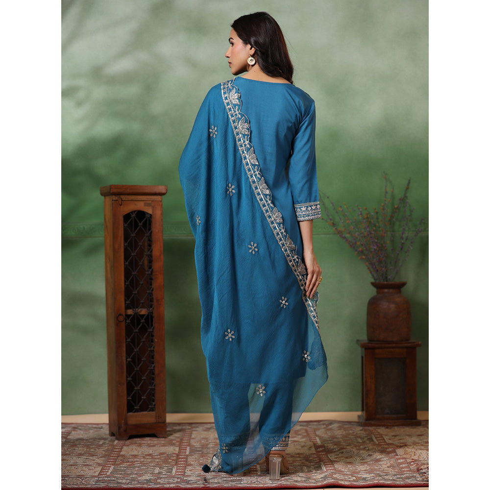 FASHOR Embroidered Kurta With Pant & Dupatta - Turquoise (Set of 3)