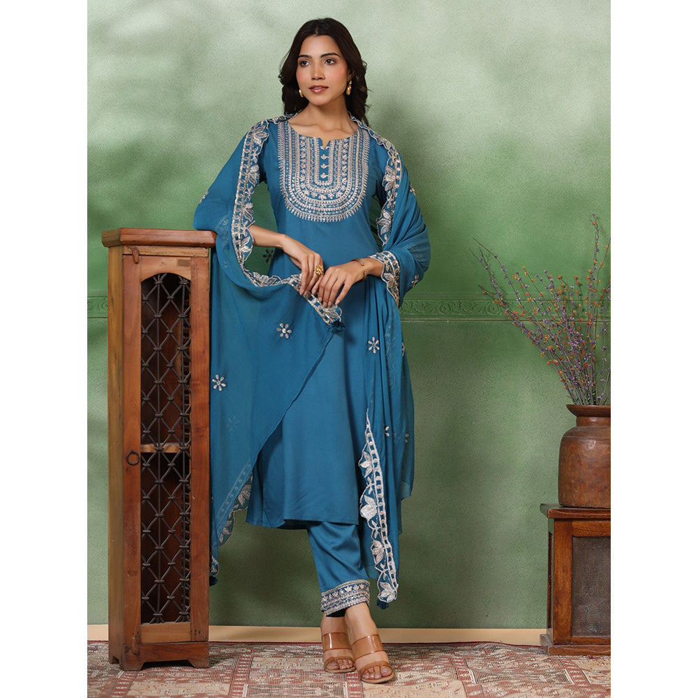 FASHOR Embroidered Kurta With Pant & Dupatta - Turquoise (Set of 3)