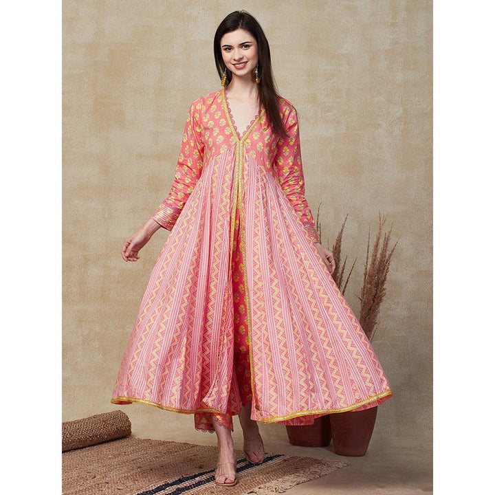 FASHOR Ethnic Floral Printed Kurta With Pant - Pink (Set of 2)