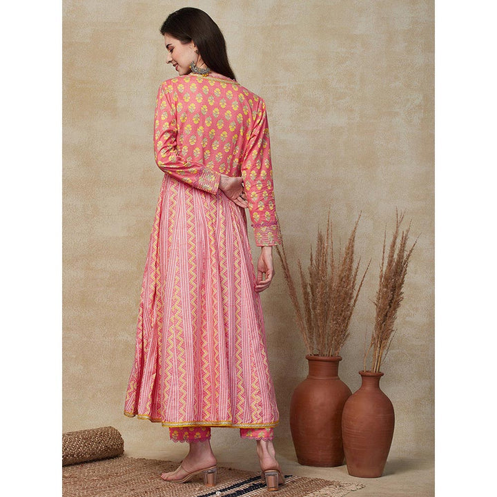 FASHOR Ethnic Floral Printed Kurta With Pant - Pink (Set of 2)