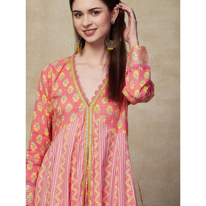 FASHOR Ethnic Floral Printed Kurta With Pant - Pink (Set of 2)