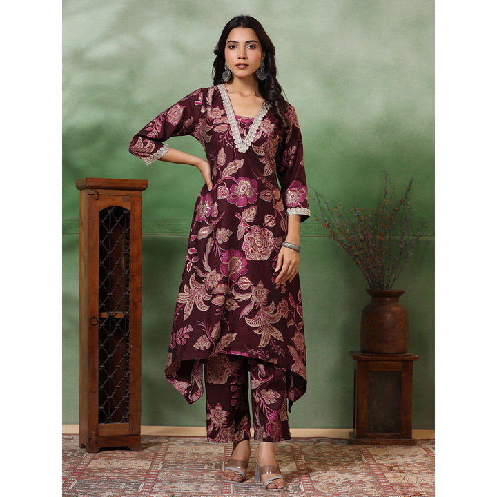 FASHOR Floral Print Lace Work Kurta With Pant - Deep Purple (Set of 2)