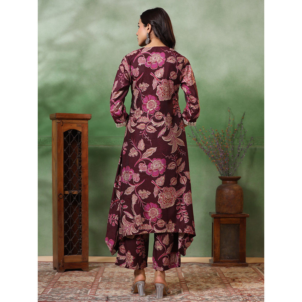 FASHOR Floral Print Lace Work Kurta With Pant - Deep Purple (Set of 2)