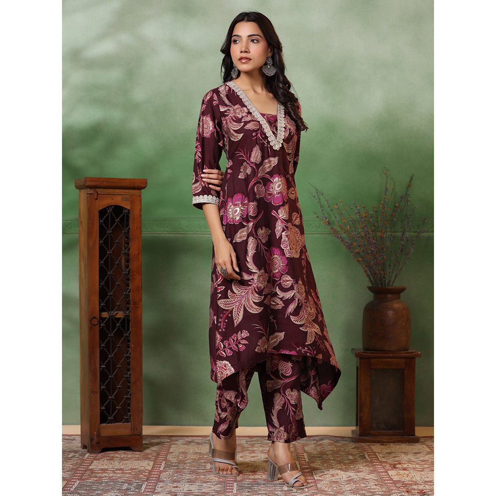 FASHOR Floral Print Lace Work Kurta With Pant - Deep Purple (Set of 2)