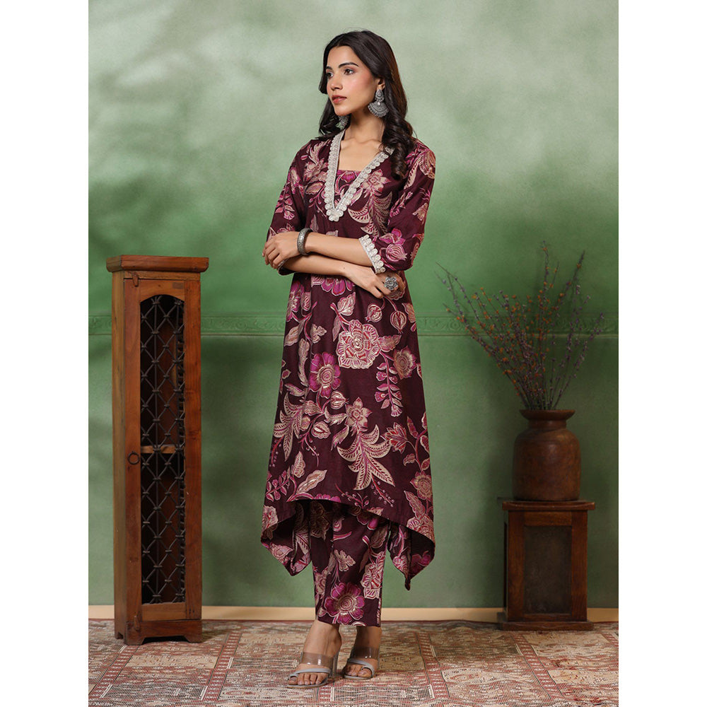 FASHOR Floral Print Lace Work Kurta With Pant - Deep Purple (Set of 2)