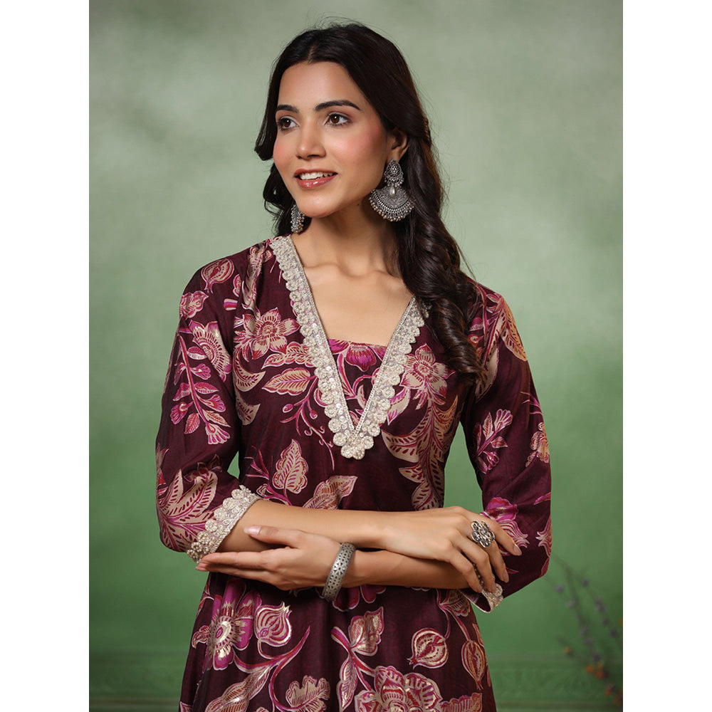 FASHOR Floral Print Lace Work Kurta With Pant - Deep Purple (Set of 2)