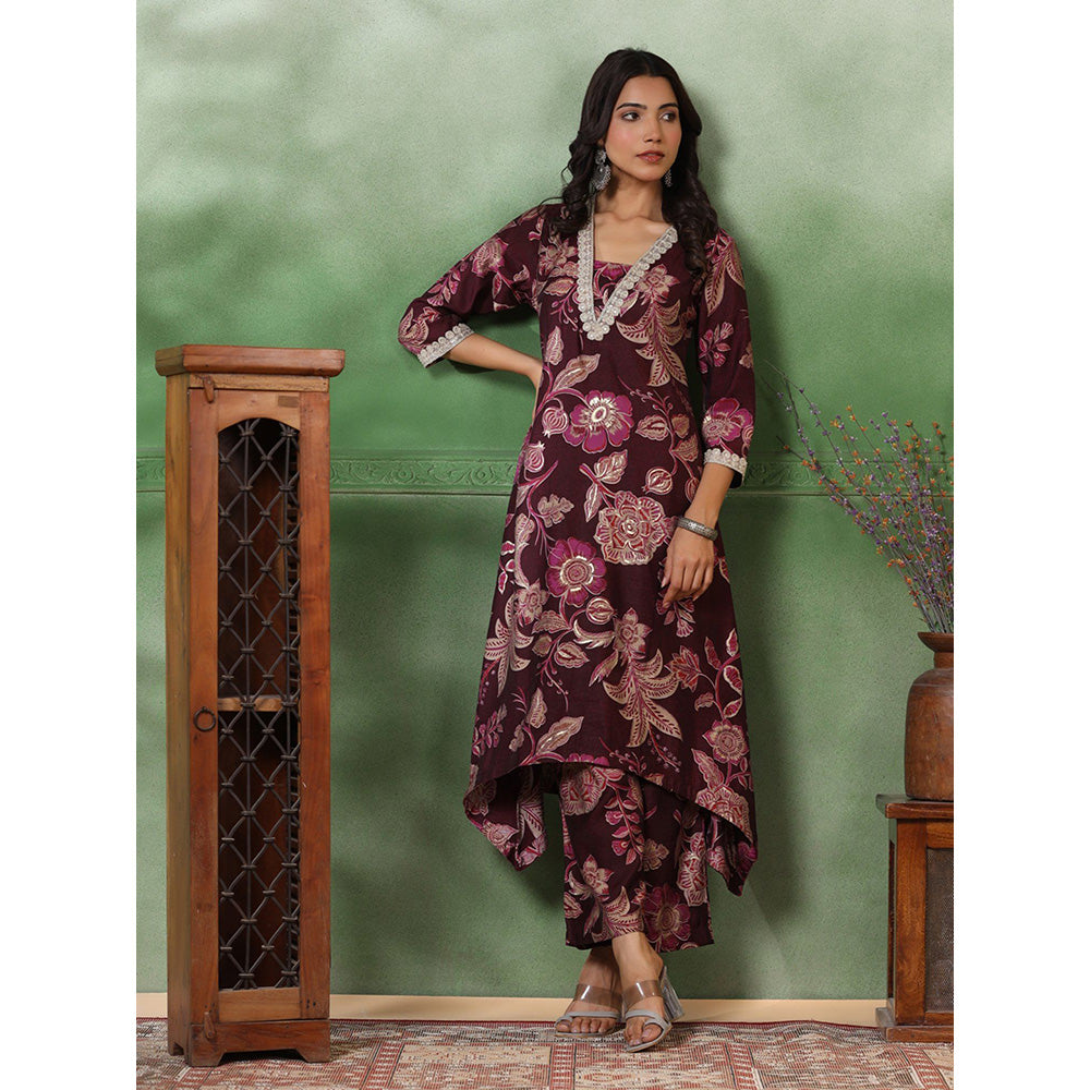 FASHOR Floral Print Lace Work Kurta With Pant - Deep Purple (Set of 2)