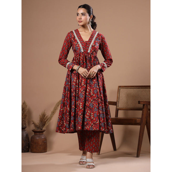 FASHOR Floral Print Lace Work Kurta With Pant - Rust (Set of 2)