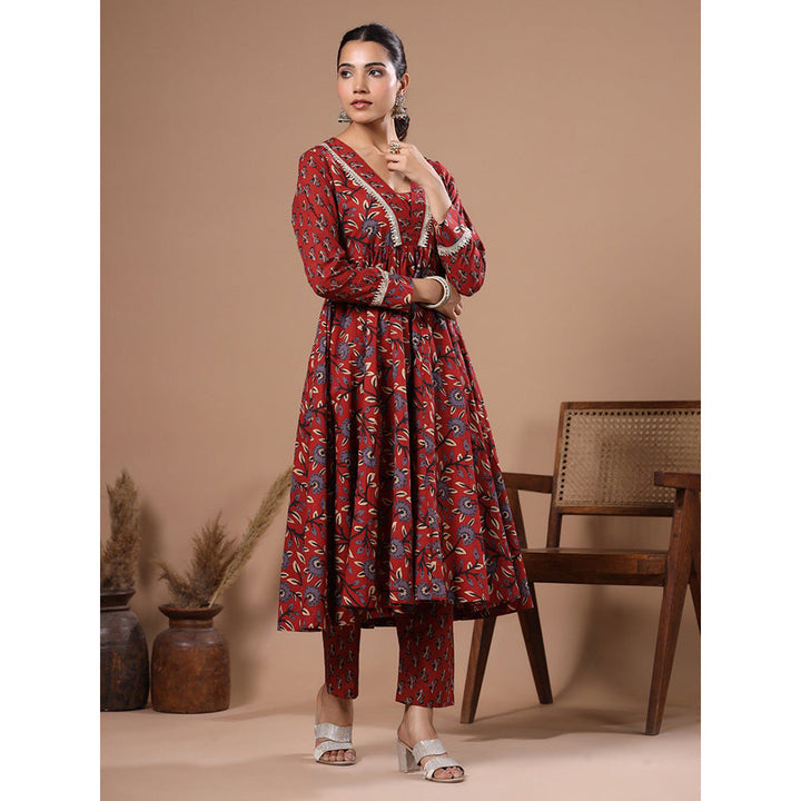 FASHOR Floral Print Lace Work Kurta With Pant - Rust (Set of 2)