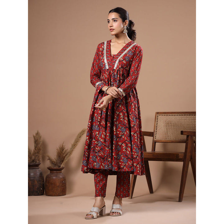 FASHOR Floral Print Lace Work Kurta With Pant - Rust (Set of 2)