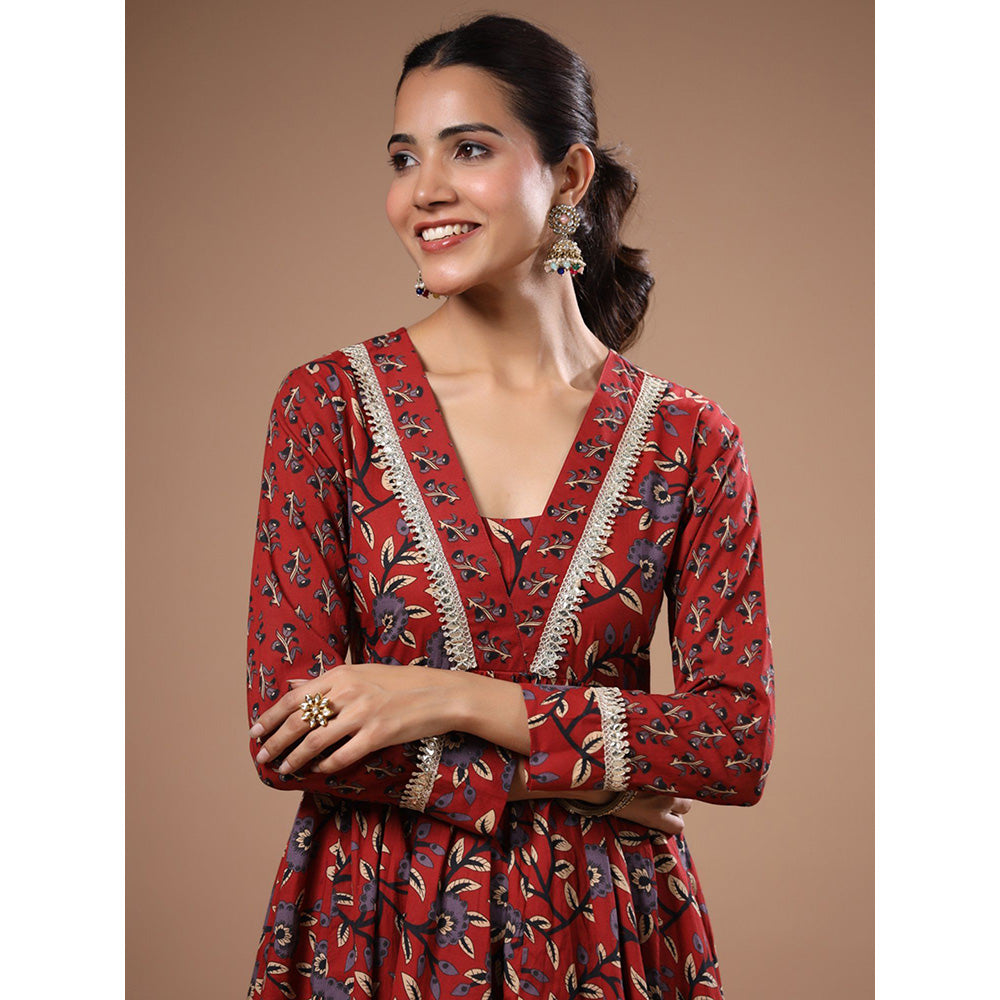 FASHOR Floral Print Lace Work Kurta With Pant - Rust (Set of 2)