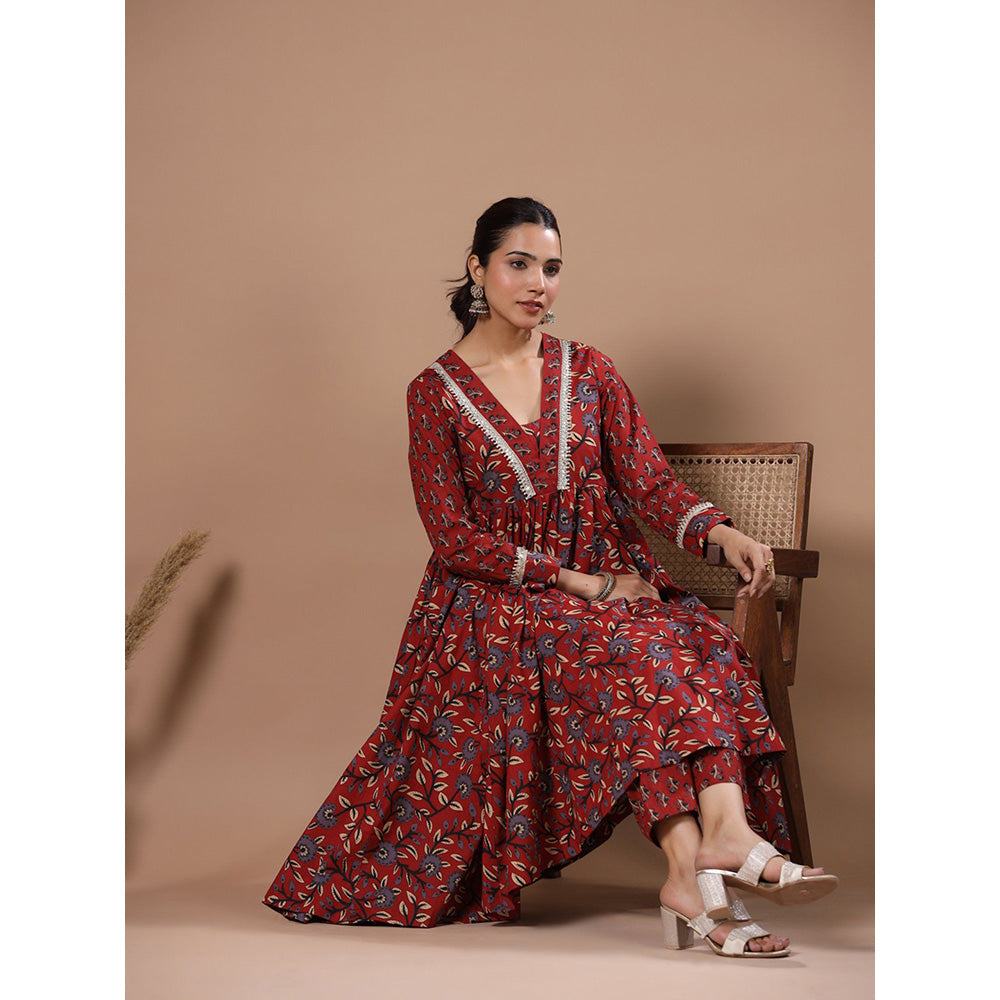 FASHOR Floral Print Lace Work Kurta With Pant - Rust (Set of 2)