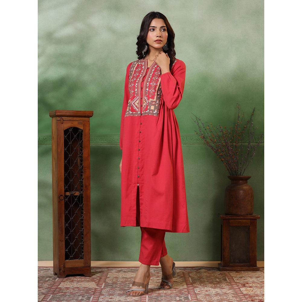 FASHOR Ethnic Tribal Embroidered A-Line Pleated Pink Kurta With Pant (Set of 2)