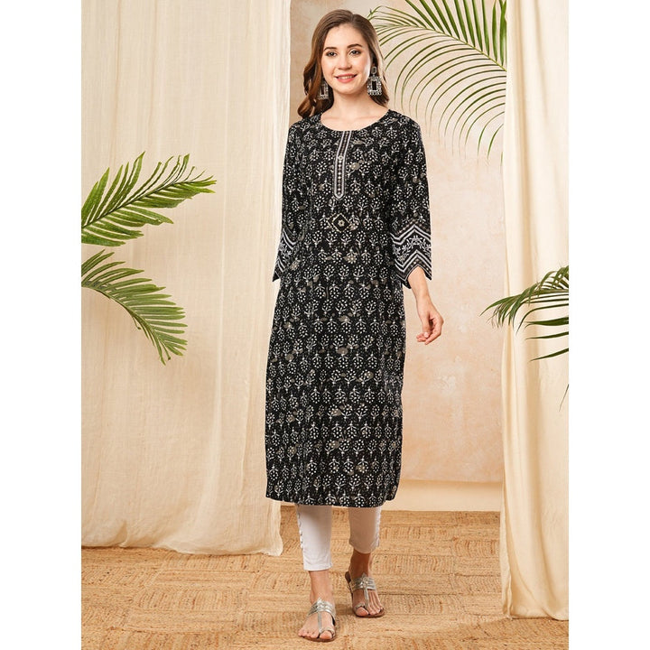 FASHOR Ethnic Floral Printed & Mirror Work Black Kurta