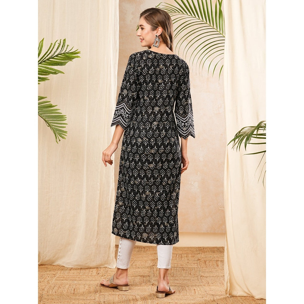 FASHOR Ethnic Floral Printed & Mirror Work Black Kurta