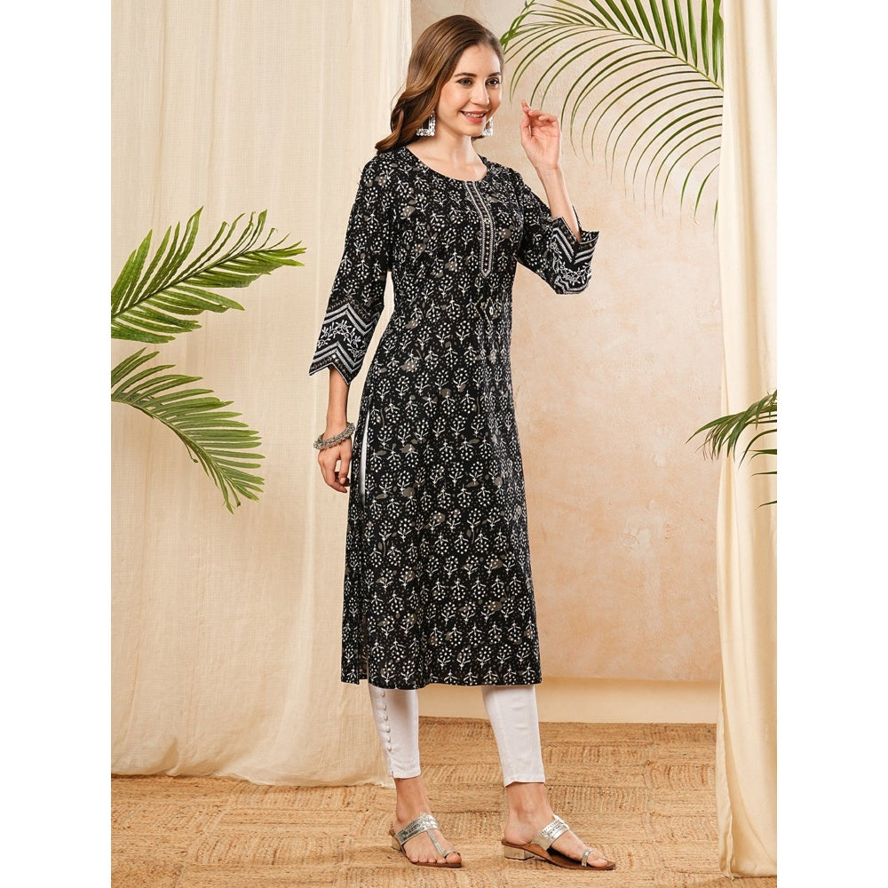 FASHOR Ethnic Floral Printed & Mirror Work Black Kurta