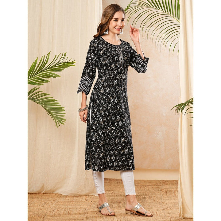 FASHOR Ethnic Floral Printed & Mirror Work Black Kurta