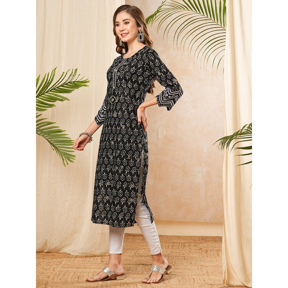 FASHOR Ethnic Floral Printed & Mirror Work Black Kurta