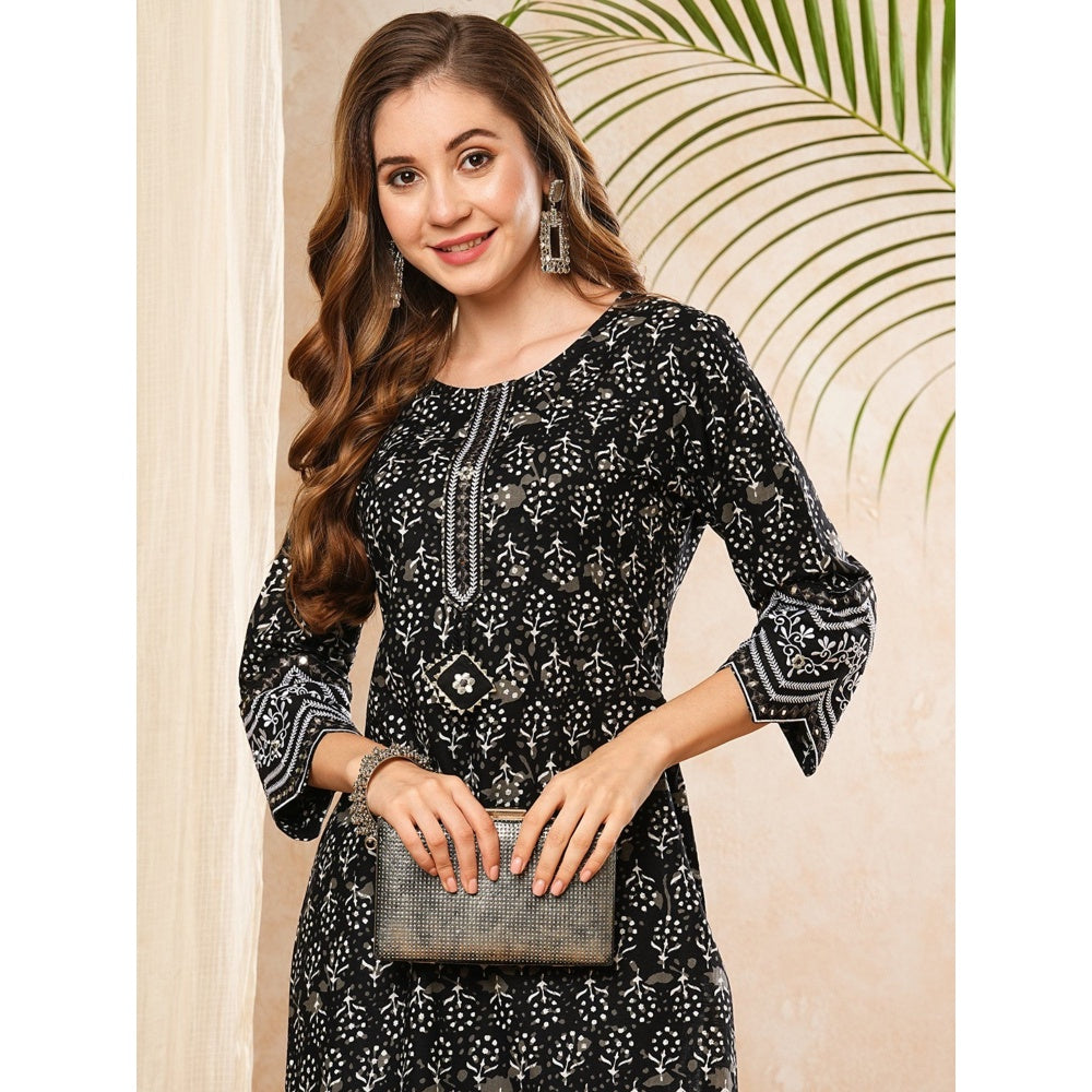 FASHOR Ethnic Floral Printed & Mirror Work Black Kurta