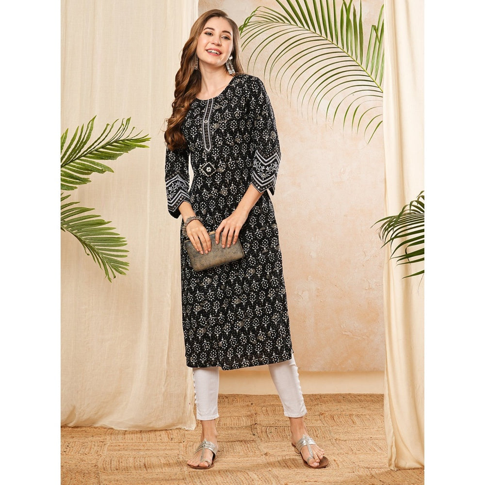 FASHOR Ethnic Floral Printed & Mirror Work Black Kurta