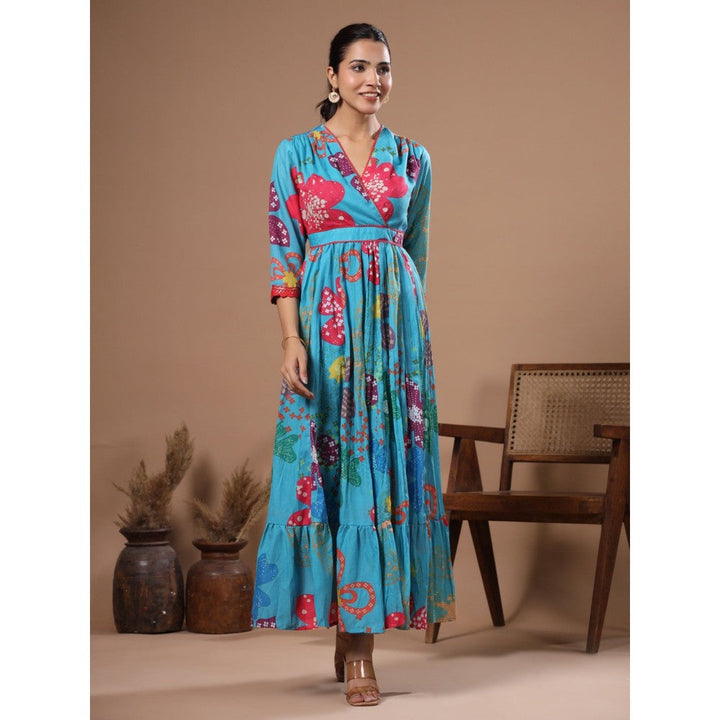 FASHOR Floral Print & Sequined Pleated Blue Maxi Dress