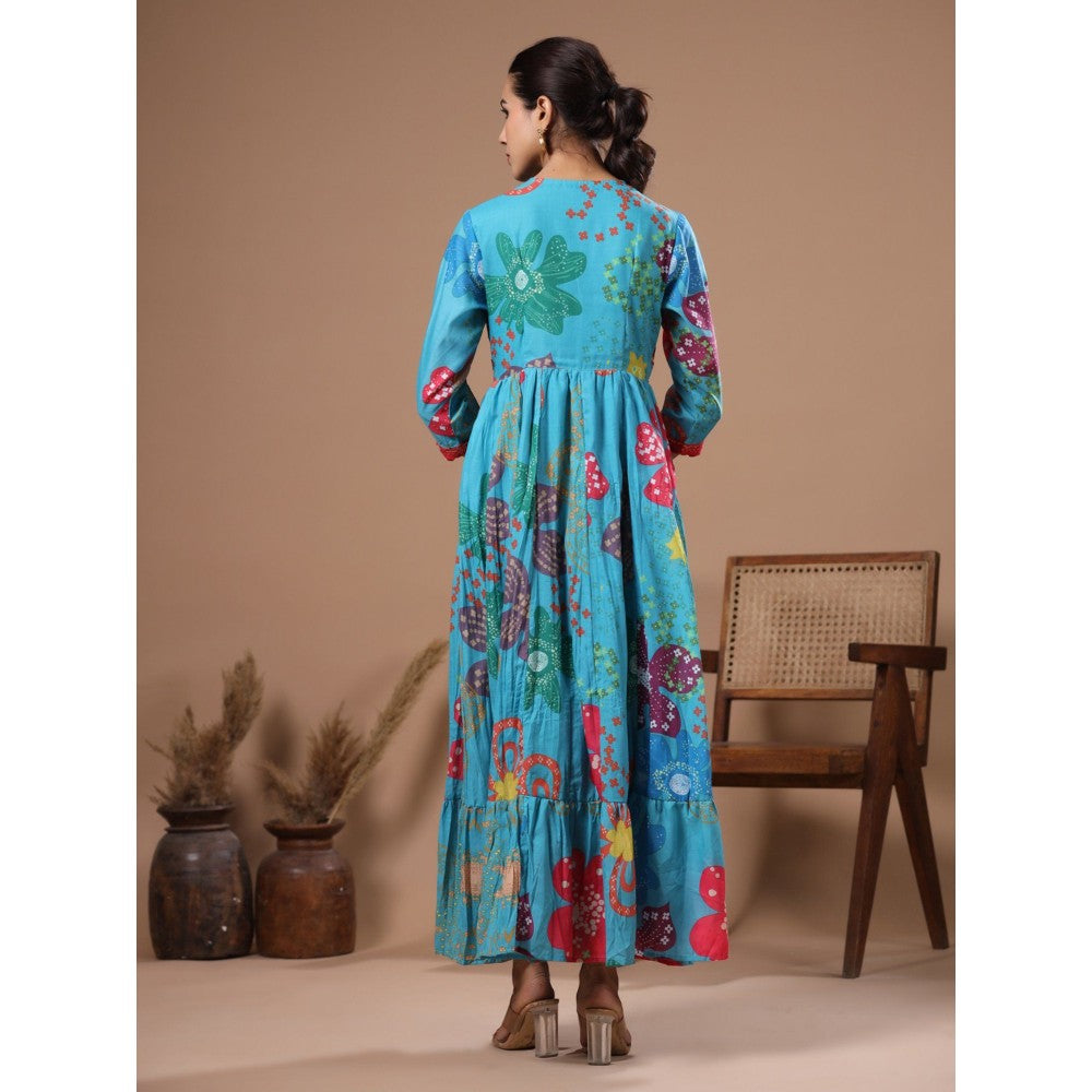 FASHOR Floral Print & Sequined Pleated Blue Maxi Dress