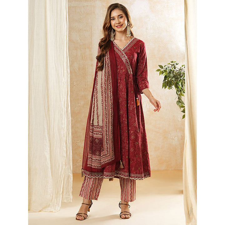 FASHOR Mirror Work Printed Kurta With Pant & Dupatta - Maroon (Set of 3)