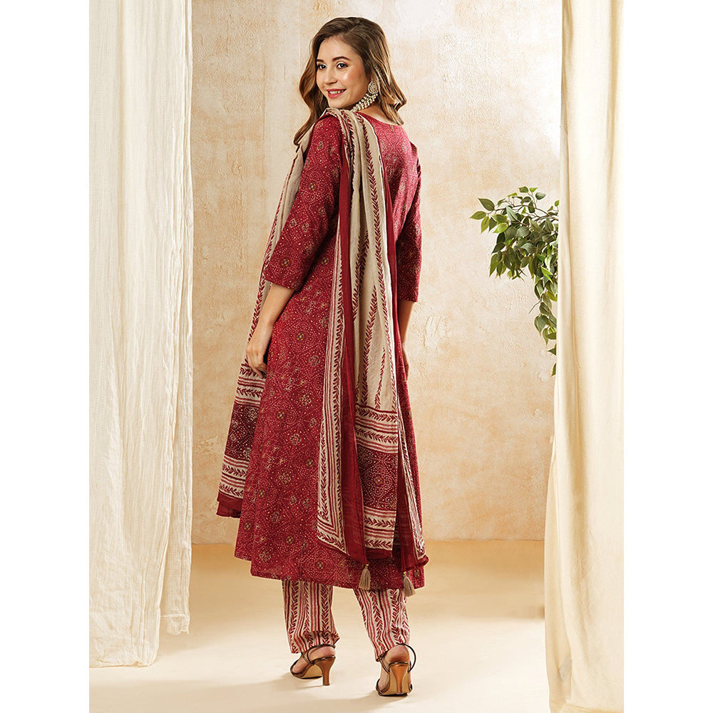 FASHOR Mirror Work Printed Kurta With Pant & Dupatta - Maroon (Set of 3)