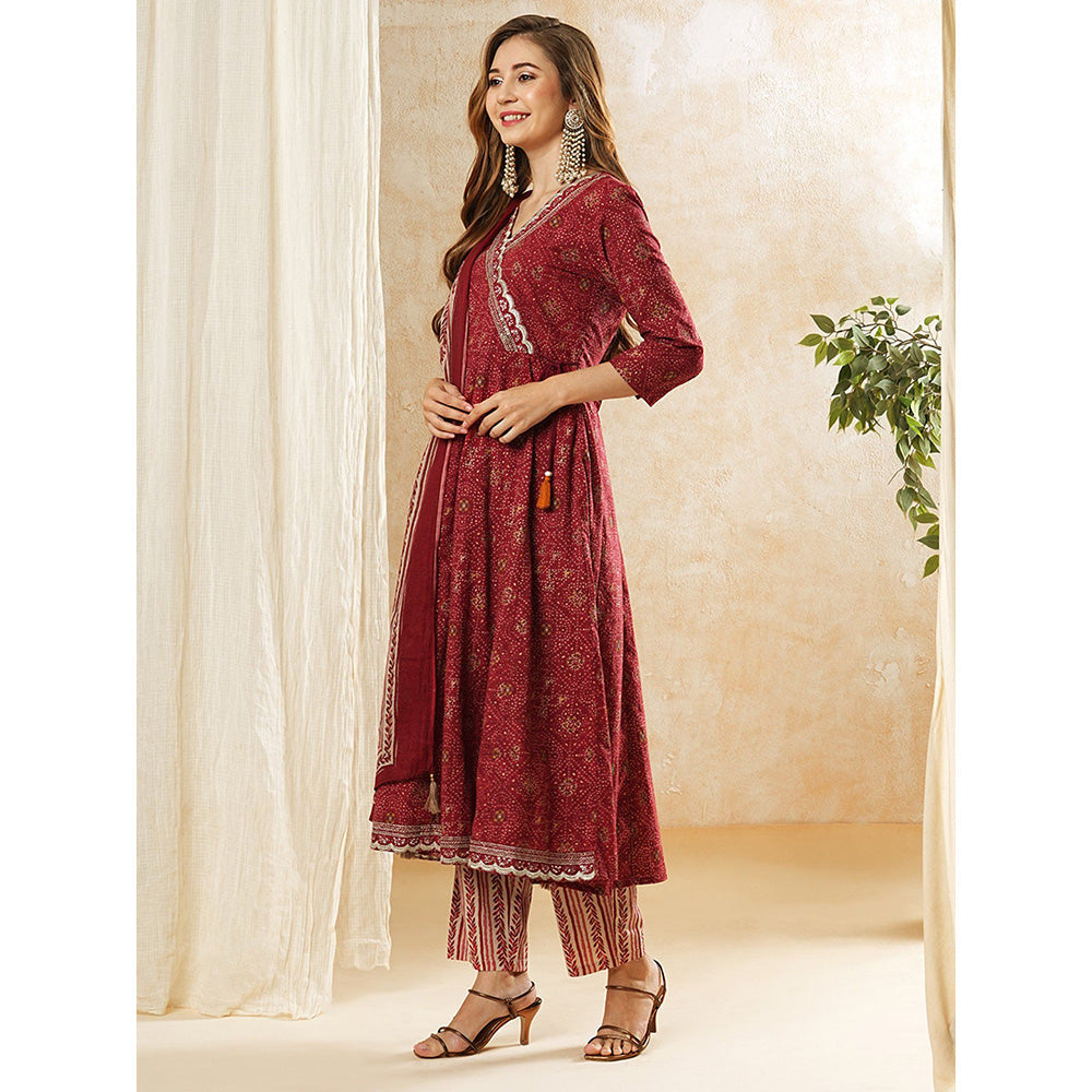 FASHOR Mirror Work Printed Kurta With Pant & Dupatta - Maroon (Set of 3)