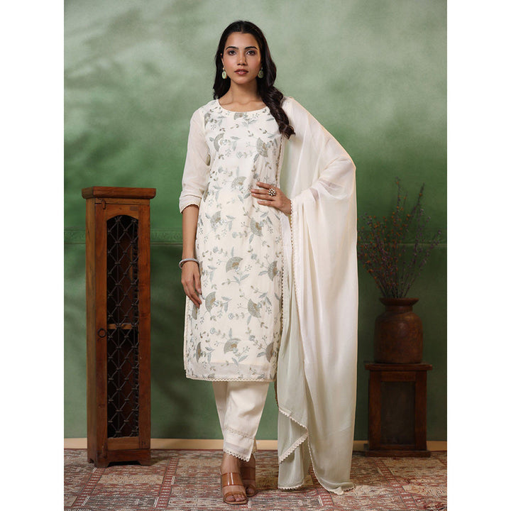 FASHOR Floral Embroidered Kurta With Pant & Dupatta - Off White (Set of 3)