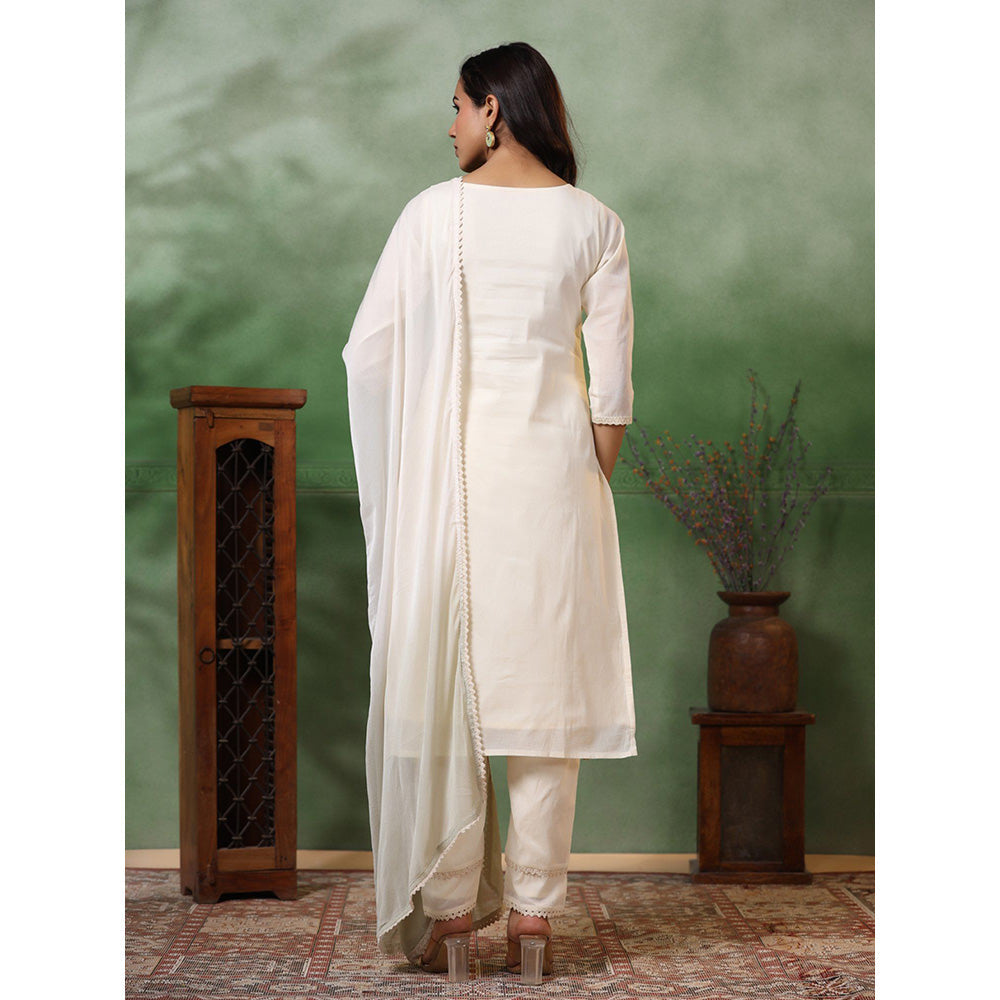 FASHOR Floral Embroidered Kurta With Pant & Dupatta - Off White (Set of 3)