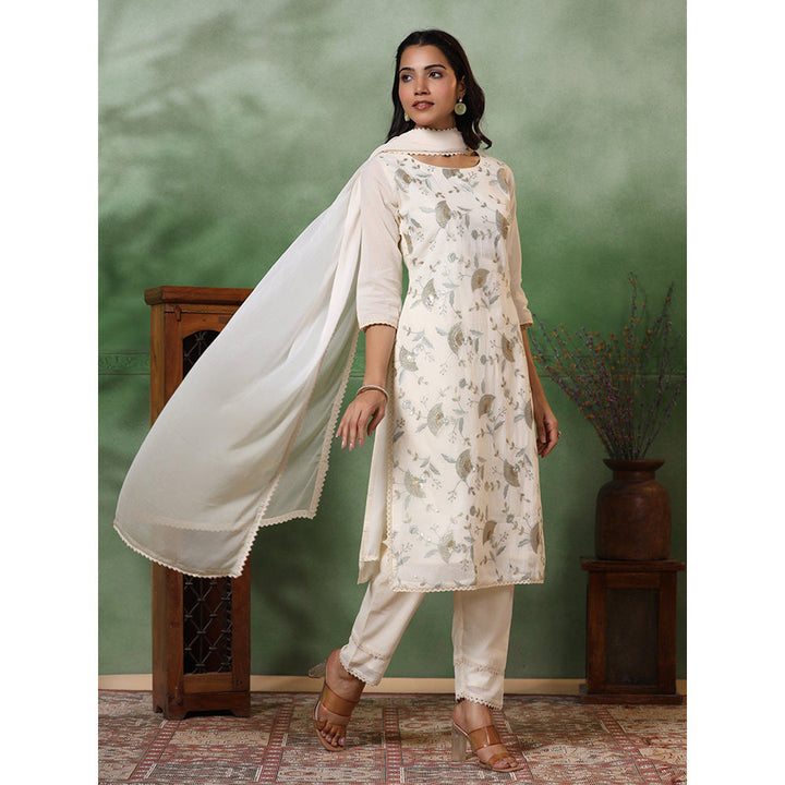 FASHOR Floral Embroidered Kurta With Pant & Dupatta - Off White (Set of 3)