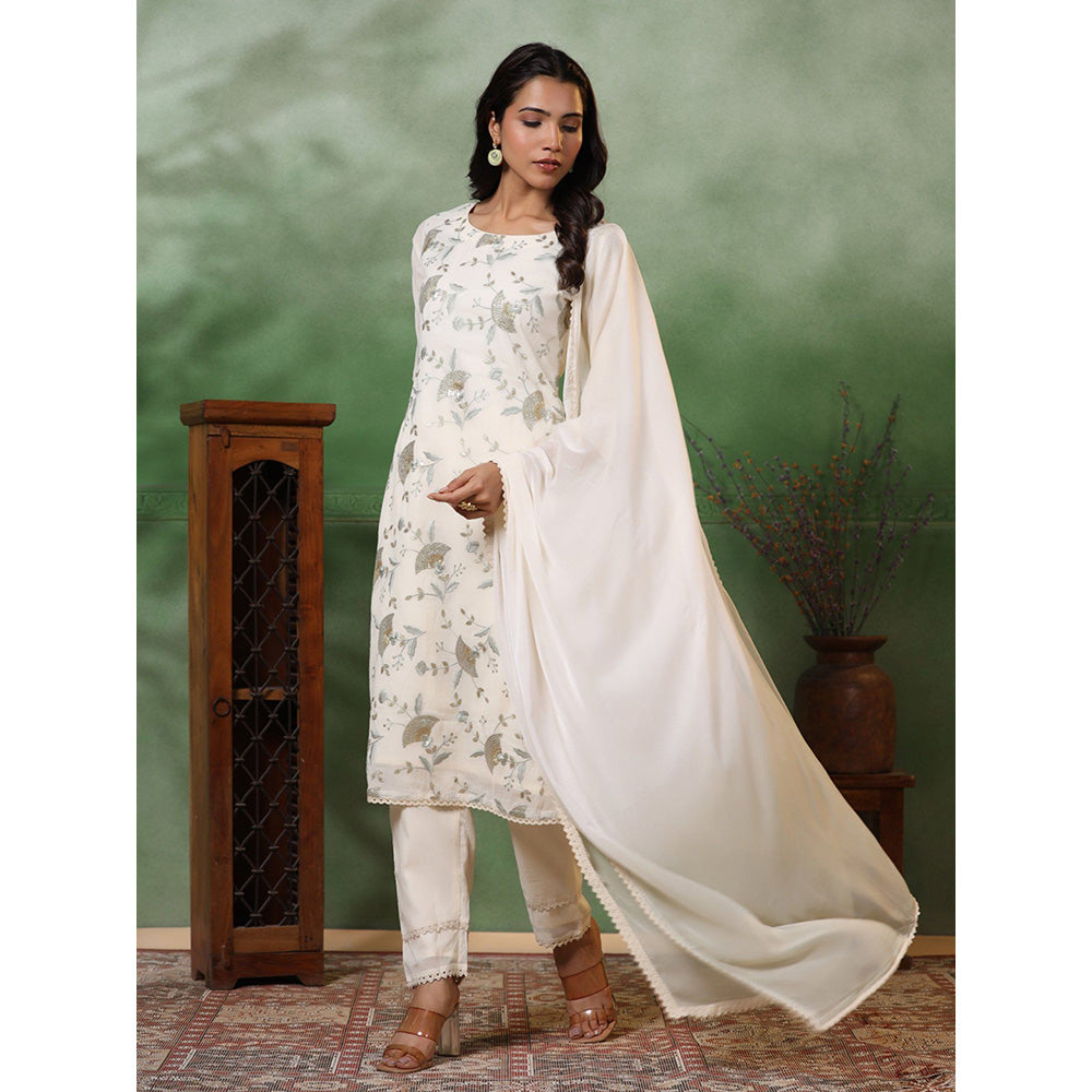 FASHOR Floral Embroidered Kurta With Pant & Dupatta - Off White (Set of 3)